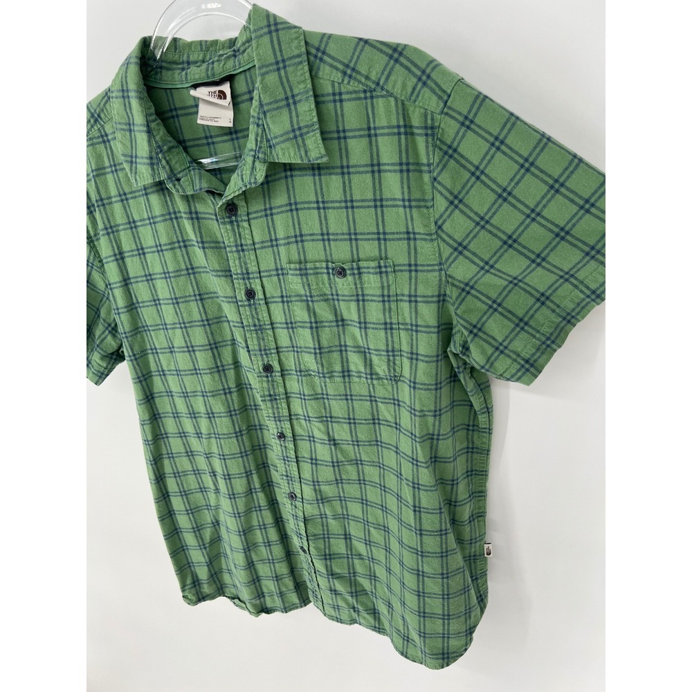 THE NORTH FACE Button Down Shirt Mens Large Green Plaid Hemp Blend Short Sleeve - Picture 11 of 13